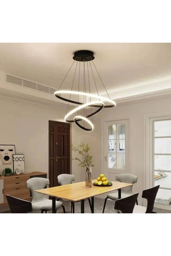 Livora Lighting 3lü Halka Siyah Led Avize Beyaz Işık - 2