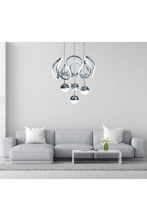 Livora Lighting Diana Modern Sarkıt Kelebekli Krom 3 Kademeli Ledli Avize