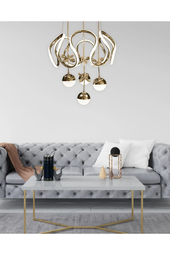 Livora Lighting Diana Modern Sarkıt Kelebekli Gold Sarı 3 Kademeli Ledli Avize
