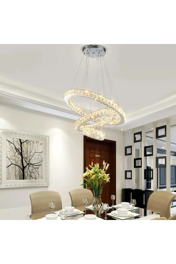 Livora Lighting Alfa Kristal Taşlı 3 Kademeli Modern Ledli Salon Avize