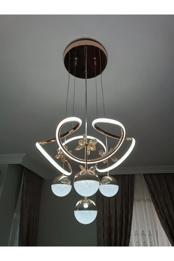 Livora Lighting Alice Modern Sarkıt Kelebekli Gold Sarı 3 Kademeli Ledli Avize - 3