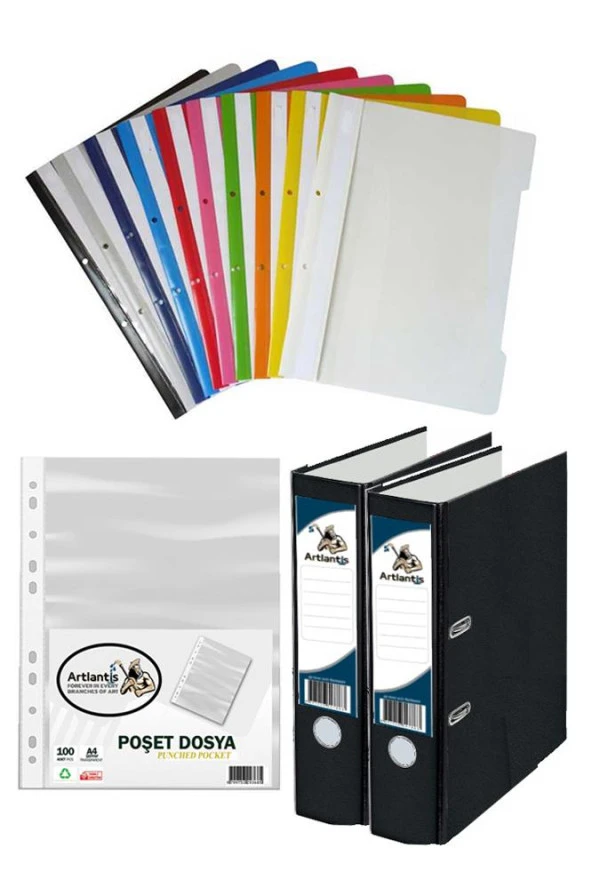Siyah Büro Klasörü Telli Dosya ve Poşet Dosya Seti 2 Adet Büro Klasörü 10 Renk Telli Dosya 100 Adet Poşet Dosya