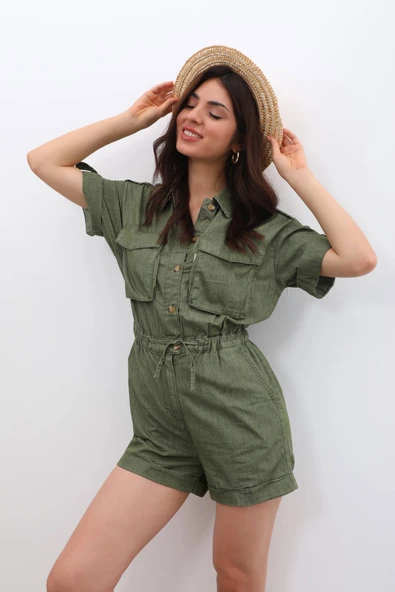 Kadın Kısa Kollu Jean Şort Tulum - 7