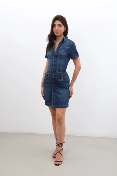 Kadın Boydan Düğmeli Jean Elbise - 7
