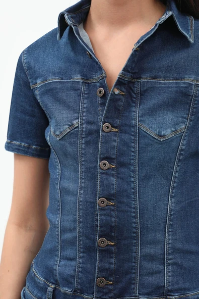 Kadın Boydan Düğmeli Jean Elbise - 9