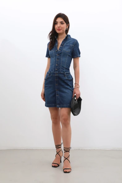Kadın Boydan Düğmeli Jean Elbise - 6