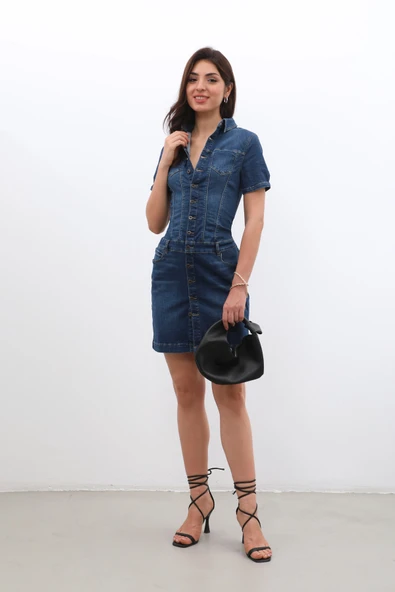 Kadın Boydan Düğmeli Jean Elbise - 2