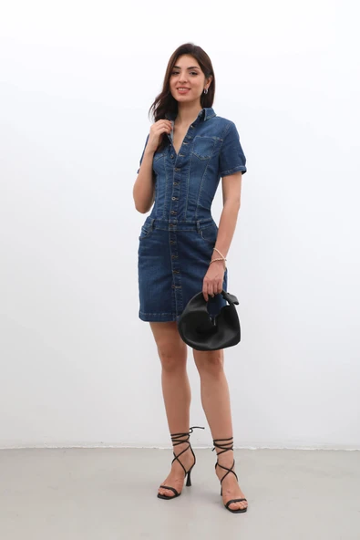 Kadın Boydan Düğmeli Jean Elbise - 10