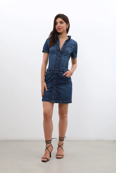 Kadın Boydan Düğmeli Jean Elbise - 4