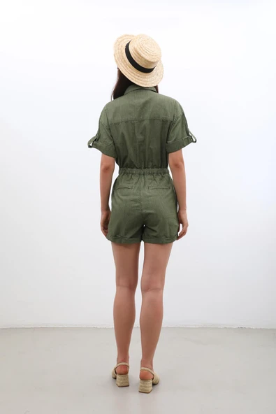 Kadın Kısa Kollu Jean Şort Tulum - 10