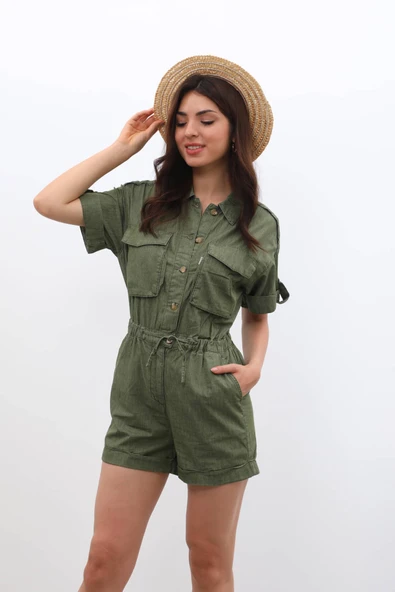 Kadın Kısa Kollu Jean Şort Tulum - 5