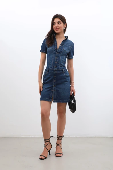 Kadın Boydan Düğmeli Jean Elbise - 5