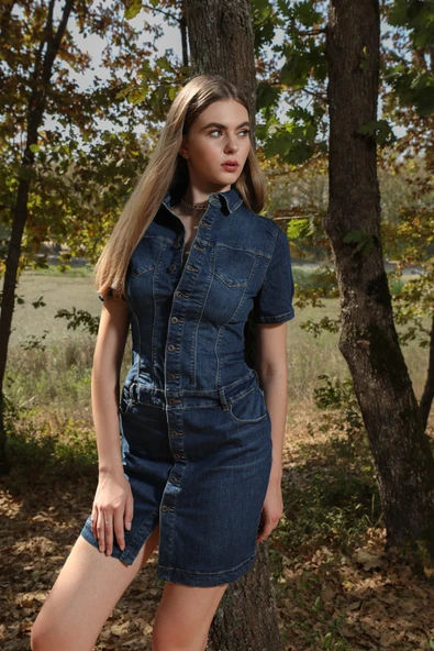 Kadın Boydan Düğmeli Jean Elbise - 11