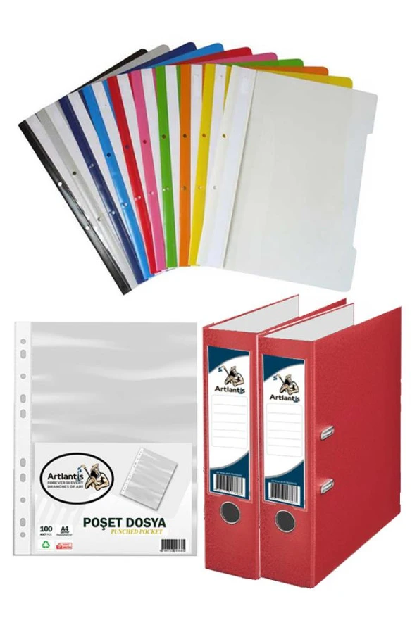 Kırmızı Büro Klasörü Telli Dosya ve Poşet Dosya Seti 2 Adet Büro Klasörü 10 Renk Telli Dosya 100 Adet Poşet Dosya