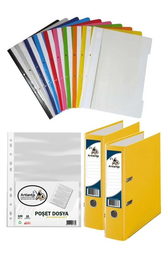 Sarı Büro Klasörü Telli Dosya ve Poşet Dosya Seti 2 Adet Büro Klasörü 10 Renk Telli Dosya 100 Adet Poşet Dosya