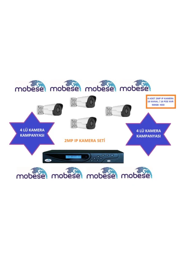 Mobese 4 Lü Kamera Seti 2mp Ip Kamera 16 Kanal 16 Lı Poe Nvr Kayıt Cihazı