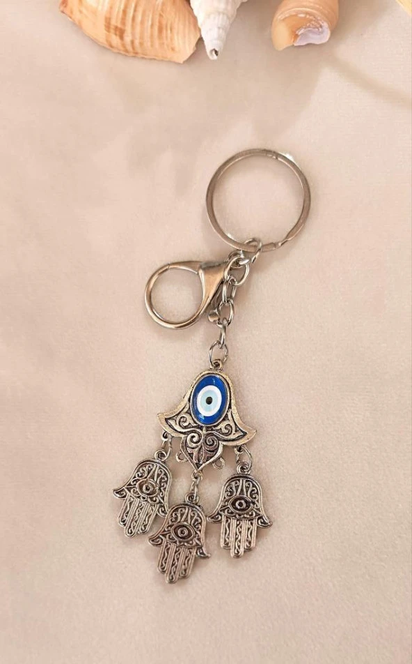 Anahtarlık Metal Nazar Boncuklu Rabia Ana Eli Kötü Göz Kovucu Çanta Dikiz Ayna Süsü