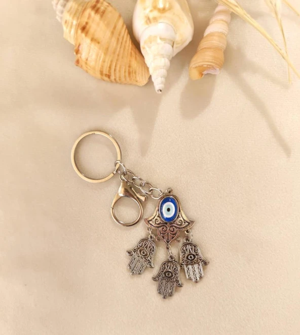 Anahtarlık Metal Nazar Boncuklu Rabia Ana Eli Kötü Göz Kovucu Çanta Dikiz Ayna Süsü - 3