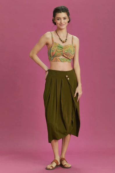 Rahat Kesim Geniş Pileli Haki Anvelop Midi Etek - 3