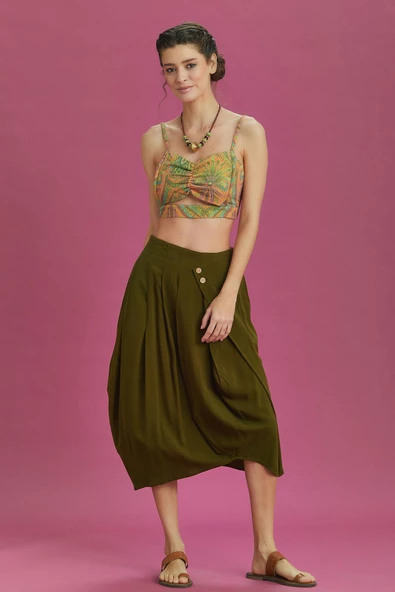 Rahat Kesim Geniş Pileli Haki Anvelop Midi Etek