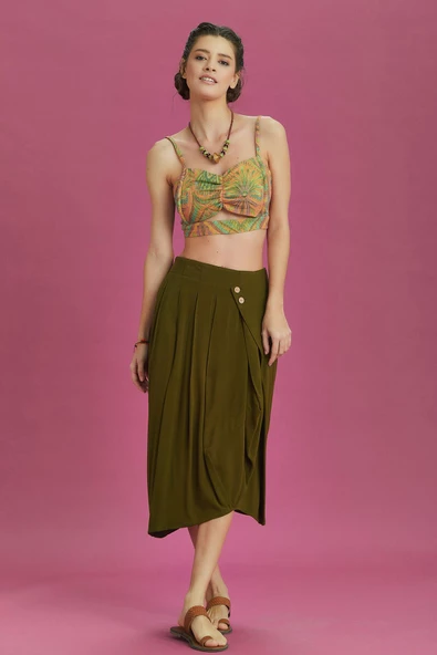 Rahat Kesim Geniş Pileli Haki Anvelop Midi Etek - 2