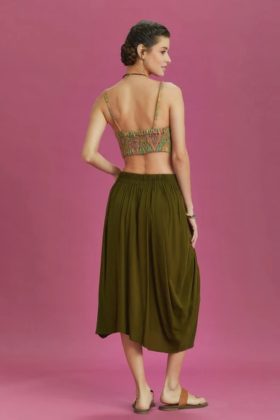 Rahat Kesim Geniş Pileli Haki Anvelop Midi Etek - 4