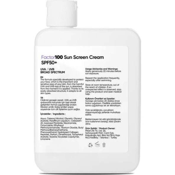 FACTOR 100 Sun Screen Cream SPF50+KOLAJEN Içerikli Güneş Bariyeri - 4