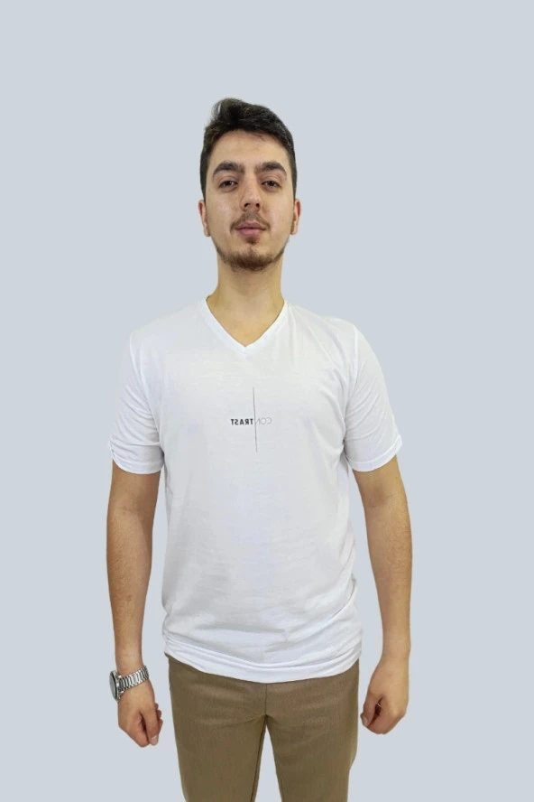 Erkek Contrast V Yaka Beyaz Tişört