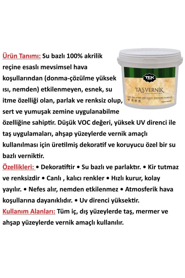 Su Bazlı Çok Amaçlı Taş Ve Ahşap Verniği 2.5lt Şeffaf-hava Koşullarından Etkilenmez-kokusuz-parlak - Resim 4