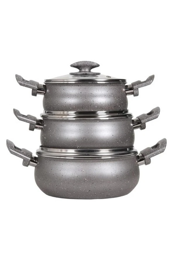 Mehtap Granit Güveç Set 3Lü Granit Mini Tencere Takımı Cam Kapaklı - Resim 2