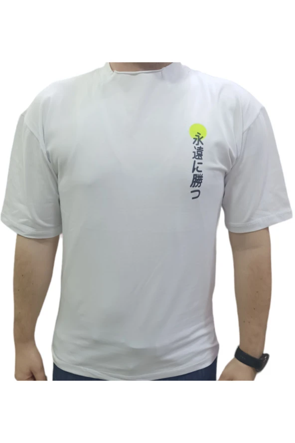Erkek Çocuk Önü Arkası Japonca Yazı Ejderha Desenli Oversize Beyaz Renk Tişört