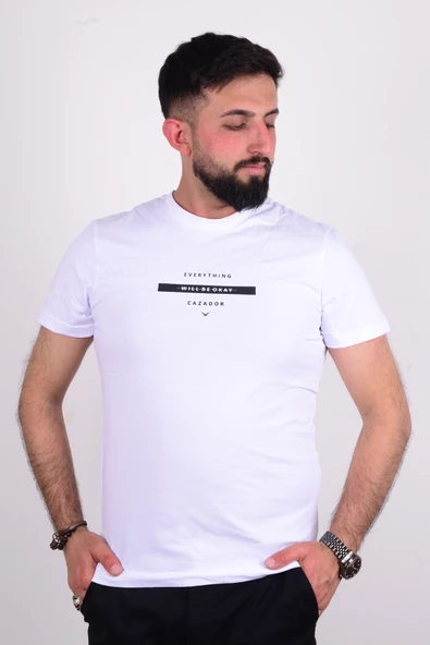 Cazador 24YCEEO04272 Beyaz Erkek Slim Fit Bisiklet Yaka Dar Kesim Yazı Detaylı Tşört