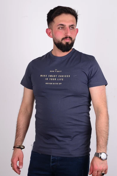 Cazador 24YCEEO04024 Antrasit Erkek Slim Fit Bisiklet Yaka Dar Kesim Yazı Detaylı Tşört