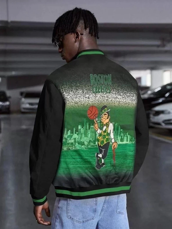 Gucso Erkek Nakışlı Boston Celtics Dijital Sırt Baskılı Üç İplik Oversize Kolej Ceket - Siyah
