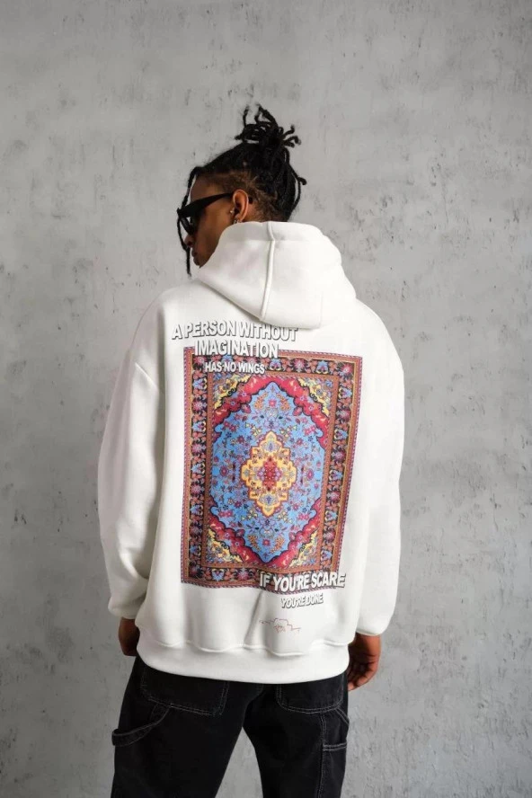 Gucso Erkek Kilim Desen Kapüşonlu Sweat- Beyaz