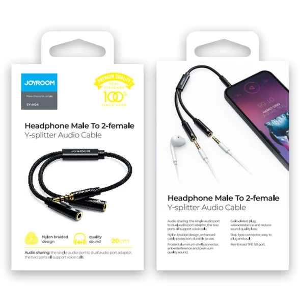 Joyroom SY-A04 Splitter Y Kulaklık Ayırıcı Ses Kablosu 0,2 m-Siyah - 2