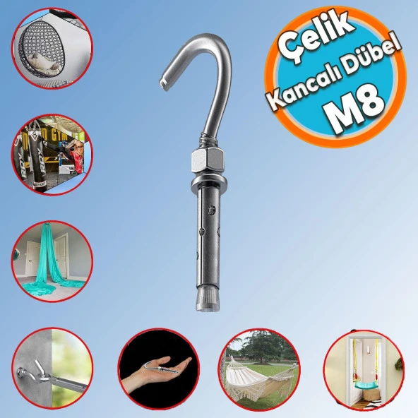 Kancalı Çelik Dübel Hamak Salıncak Boks Torbası Lamba Avize İçin Gömlekli Açık Ağız Kanca M8 ürün görseli