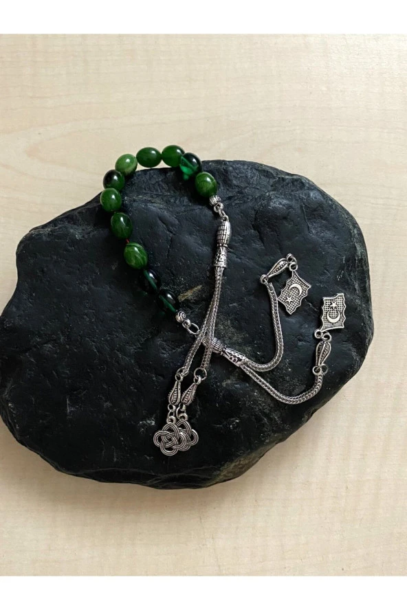 YEŞİL TOZ KEHRİBAR ZAZA TESBİH KARARMAYAN PÜSKÜLLÜ KAPSÜL KESİM TESBİH NO 56 - 2