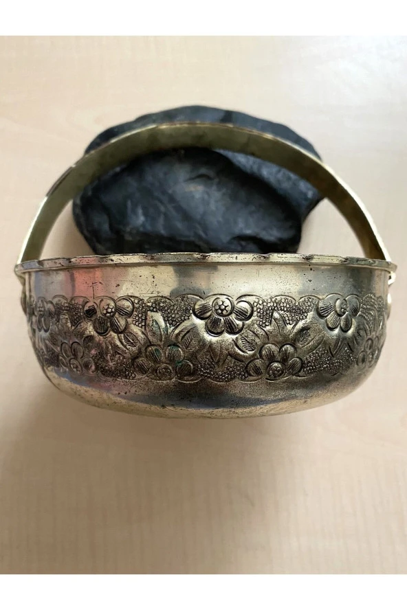 Eskilerden Gümüş Kaplama Bakır Şekerlik Çiçek Kabartmalı Bakır Sepet - 2