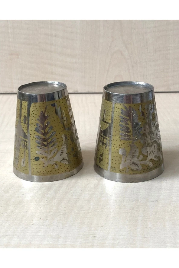 2 AET ANTİKA KALEM İŞLEMELİ BARDAK PİRİNÇ BARDAK - 2