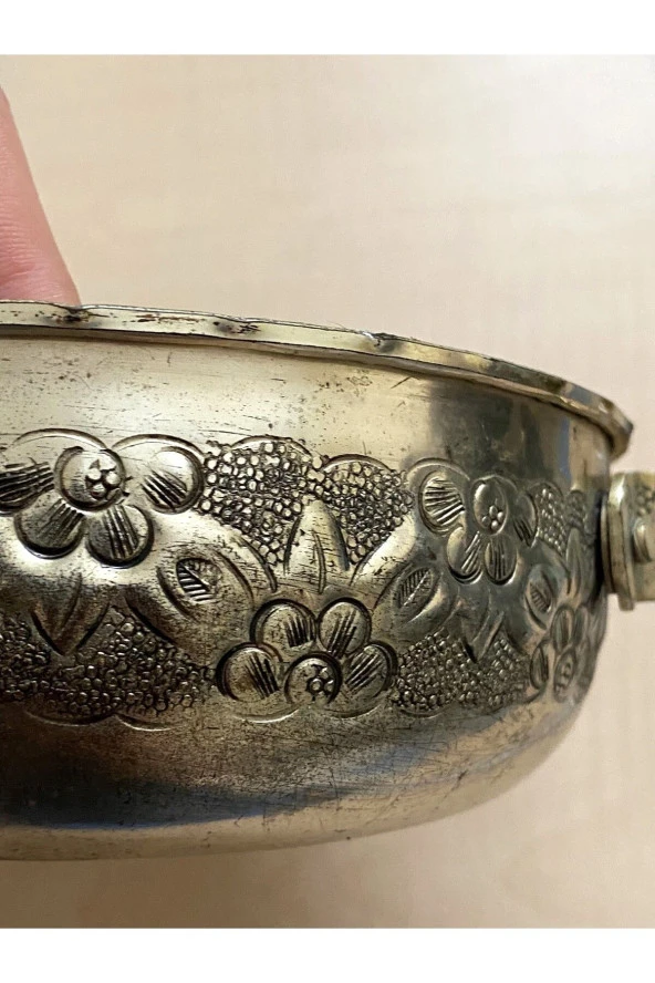 Eskilerden Gümüş Kaplama Bakır Şekerlik Çiçek Kabartmalı Bakır Sepet - 5