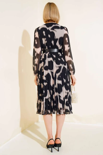 Kemerli Şifon Elbise Siyah - Resim 3