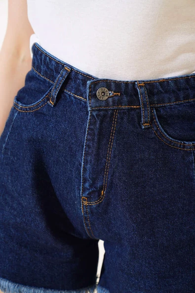 Pileli Paça Püsküllü Kot Şort Koyu Mavi - Resim 4