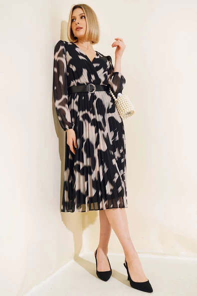 Kemerli Şifon Elbise Siyah ürün görseli 1