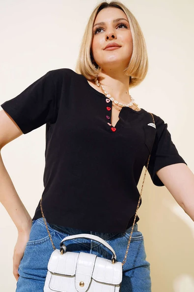 V Yaka Renkli Düğmeli Bluz Siyah ürün görseli 1