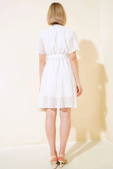 Kemerli Brodeli Elbise Ekru - Resim 3