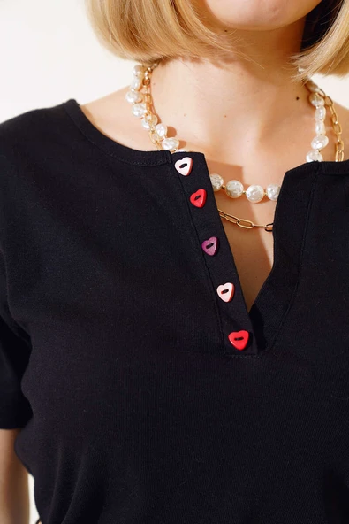 V Yaka Renkli Düğmeli Bluz Siyah - Resim 4