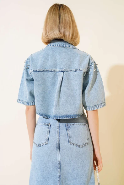 Parlak Taş Süslemeli Kısa Kot Ceket Mavi - Resim 3