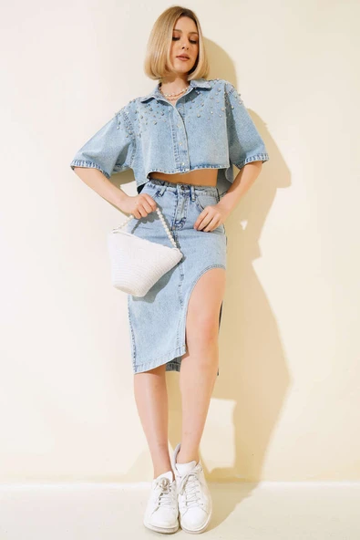 Parlak Taş Süslemeli Kısa Kot Ceket Mavi - Resim 2