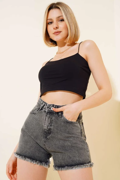 Püsküllü Ters Paça Kot Şort Siyah Kar ürün görseli 1